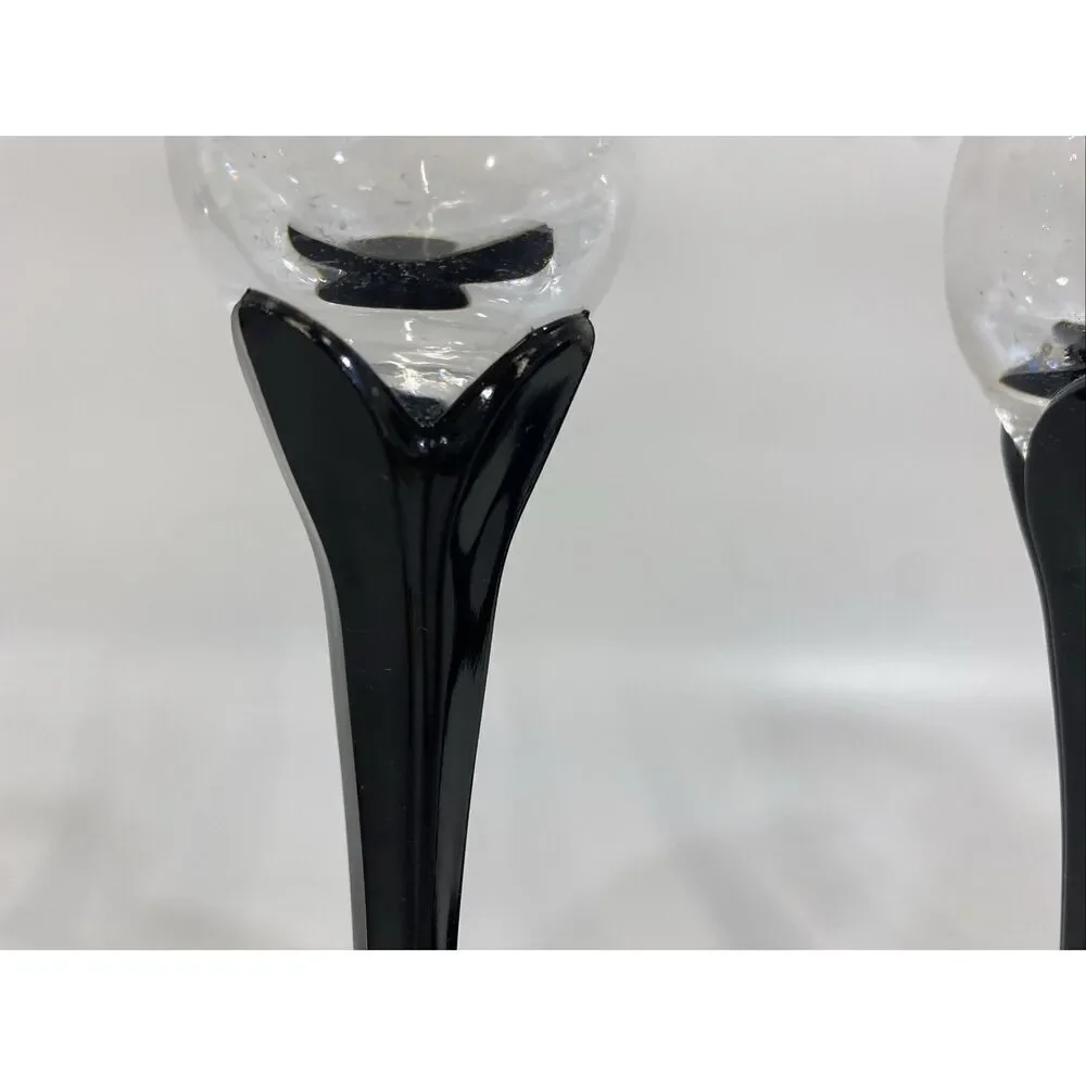 Fostoria Black‎ Ebony Lotus Candlesticks Set Of 3 7.5” Opaque Crystal